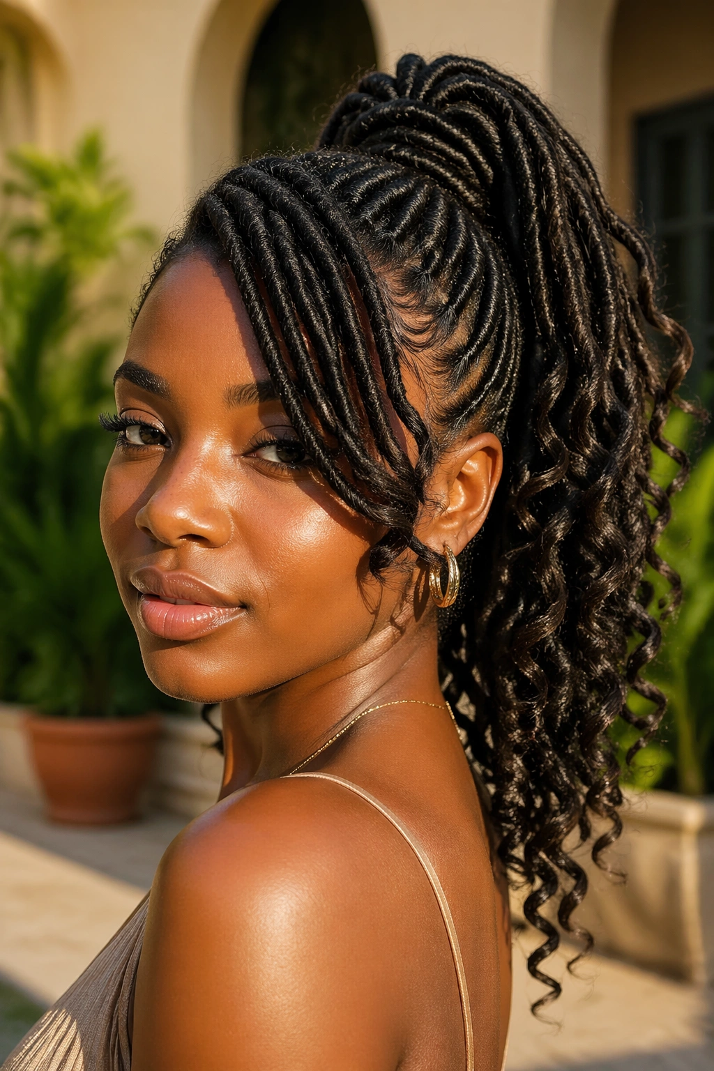Real woman with faux locs in a ponytail and curled ends with side bang