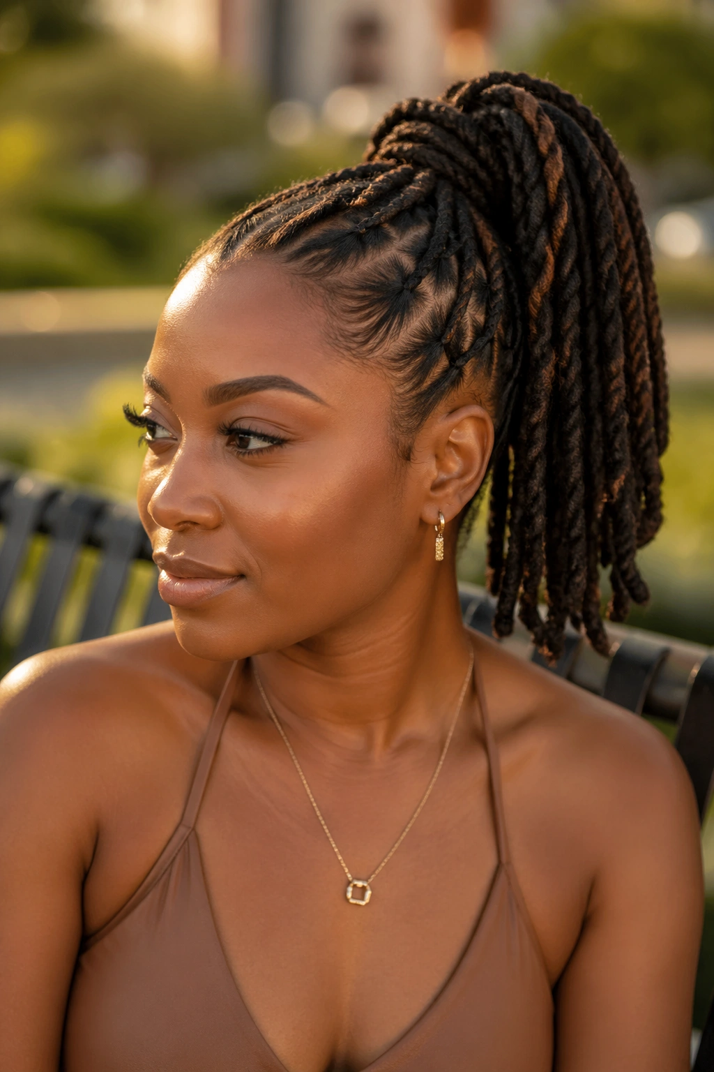 Close-up of a real woman wearing a faux loc ponytail with wrapped texture.