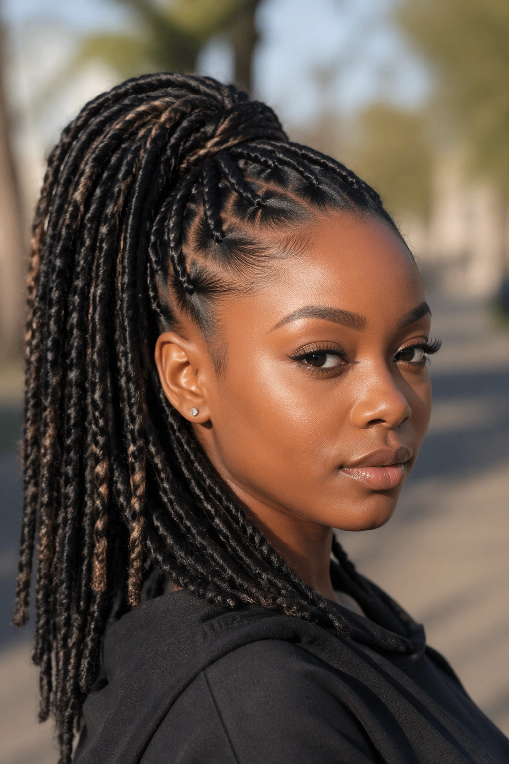 Close-up of a real woman with a faux loc ponytail in a high ponytail