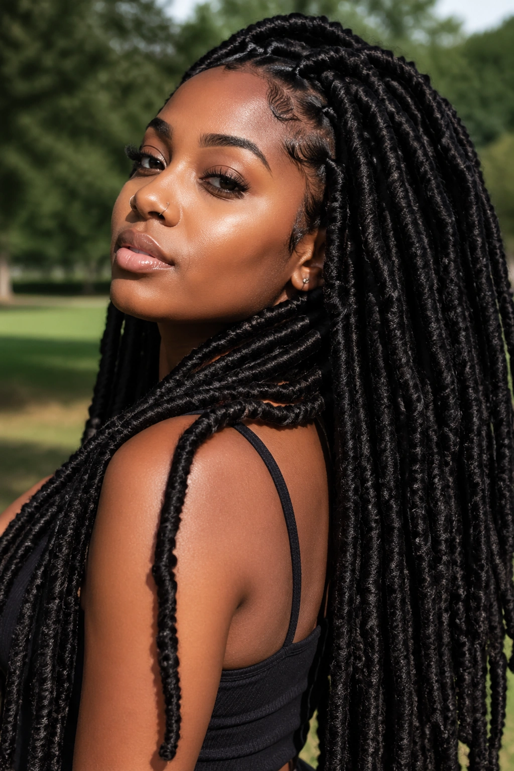 Close-up of a real person with long faux loc twists showing texture