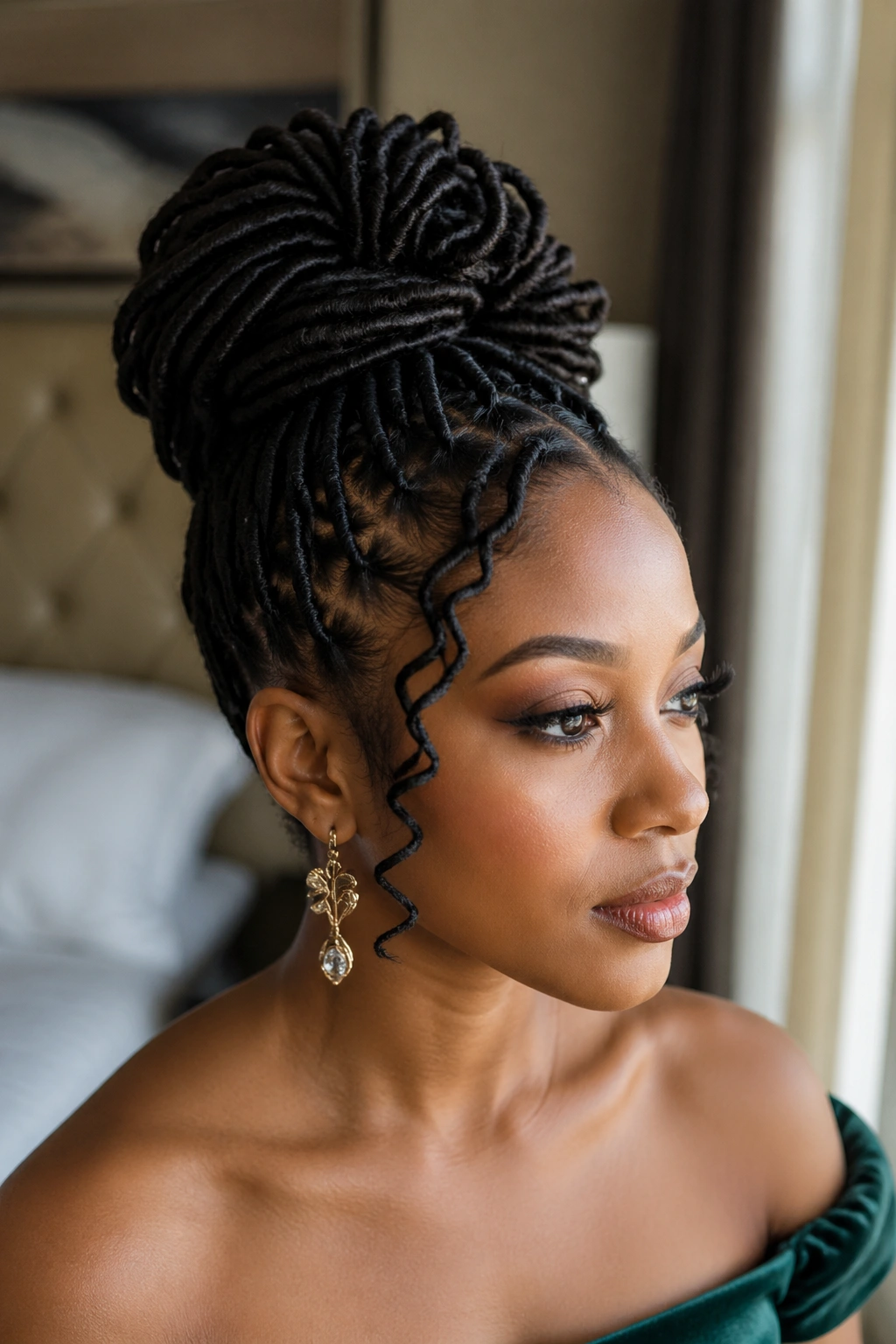 Close-up portrait of a woman with a high faux loc updo in warm window light