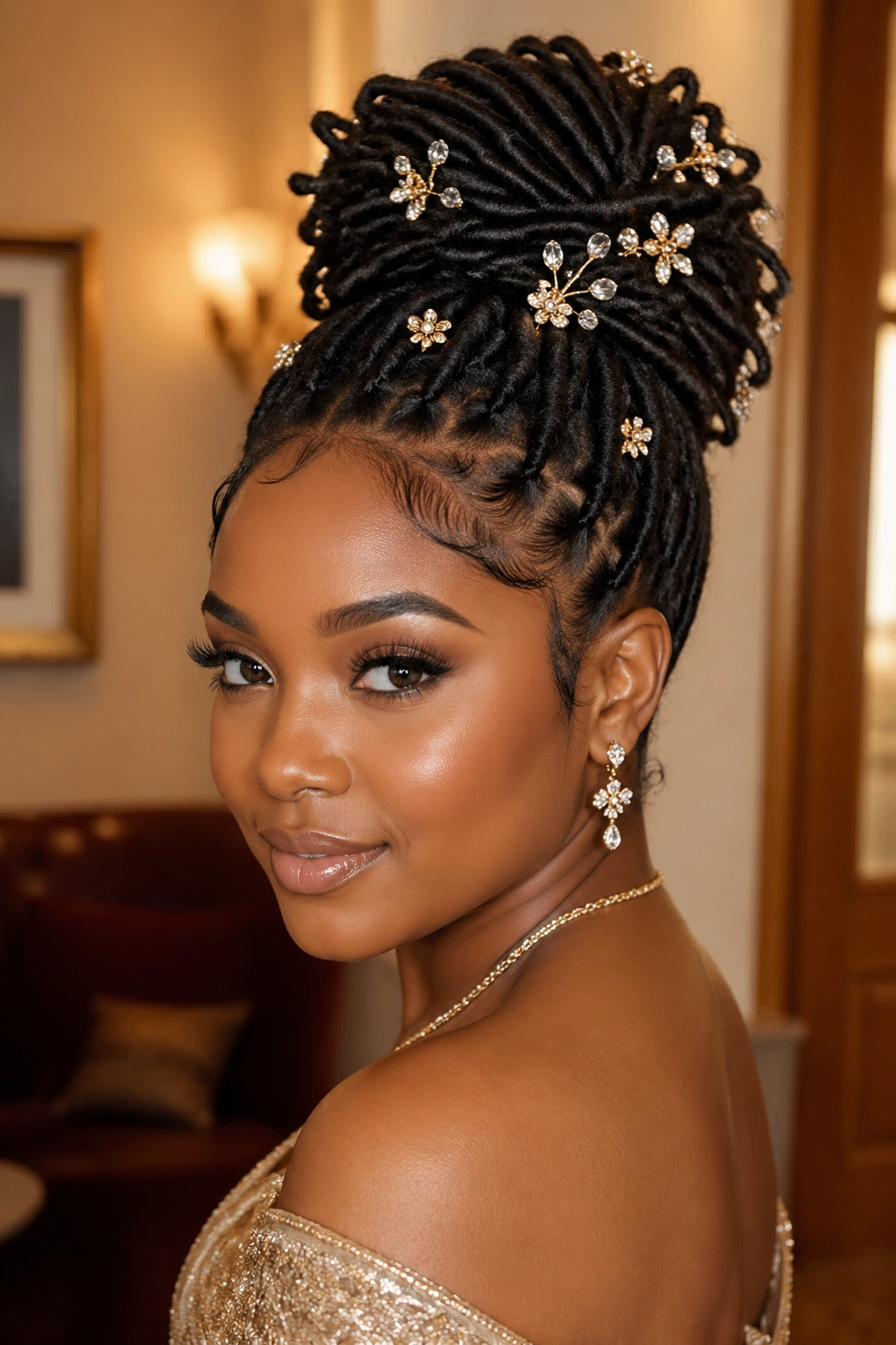 Close-up portrait of real woman with faux loc updo and decorative pins in warm lighting
