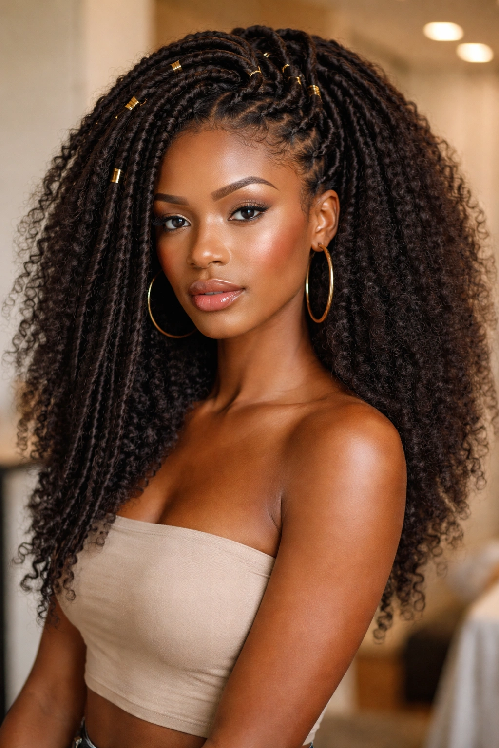 Close-up of a real person wearing a faux locs afro hybrid with crown locs and loose underneath