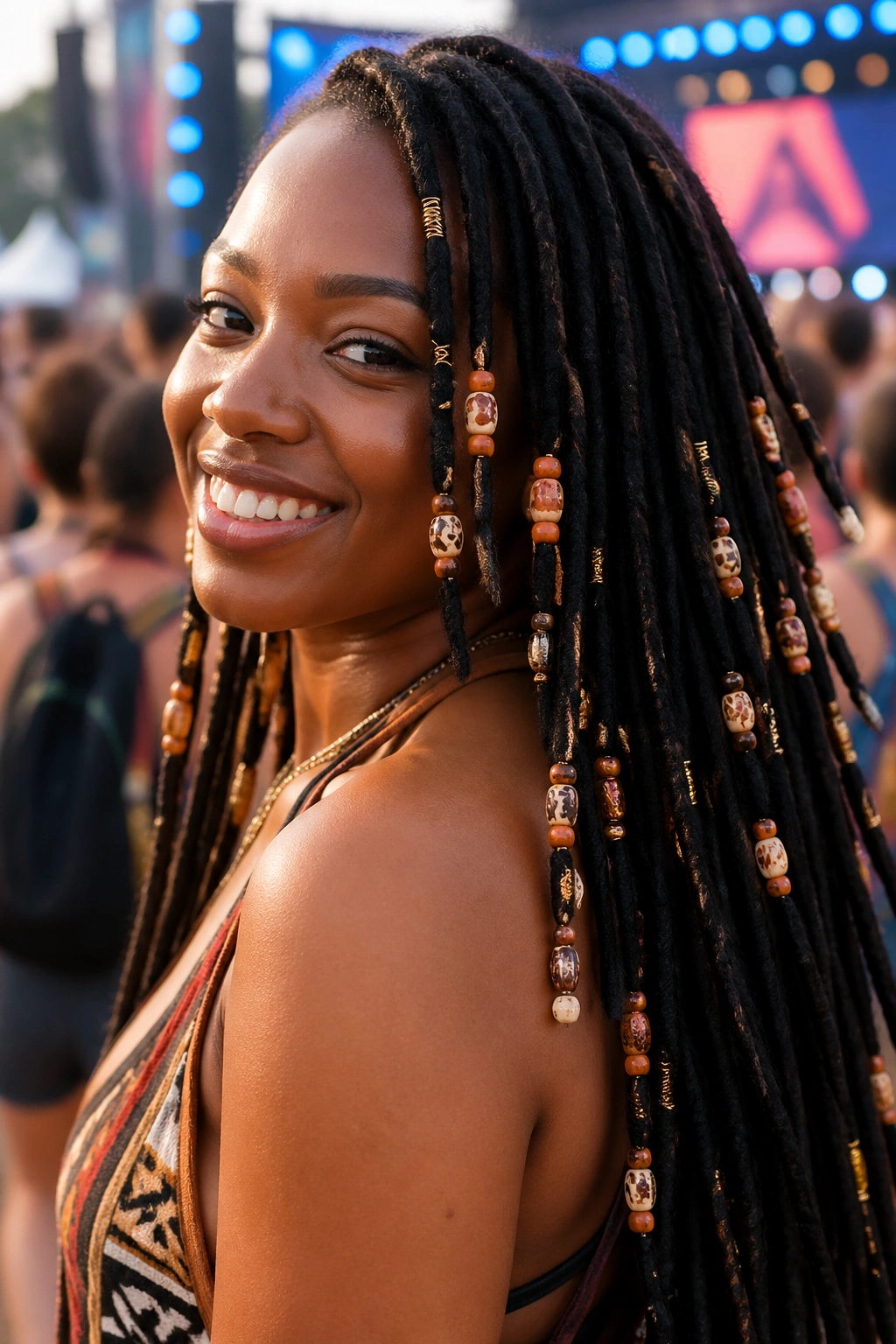 Close-up of faux locs with beads on a real person at festival