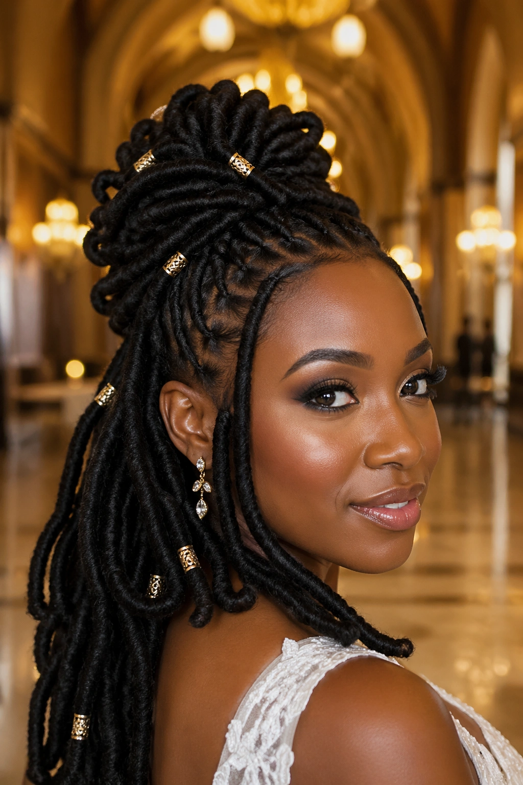 Close-up of a bride with faux locs in an updo with gold cuffs