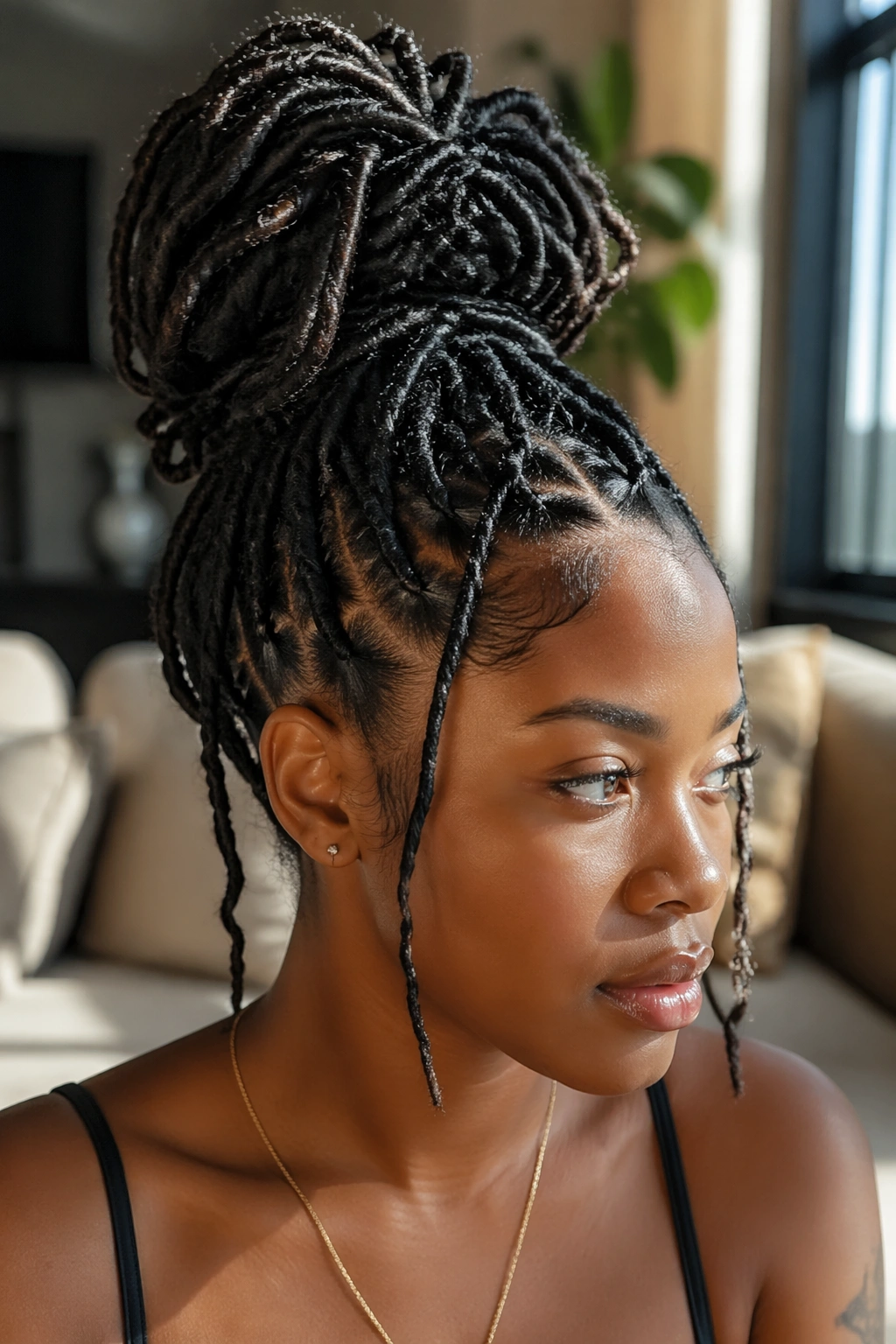 Close-up of a real woman with a faux loc ponytail bun and loose strands around the face