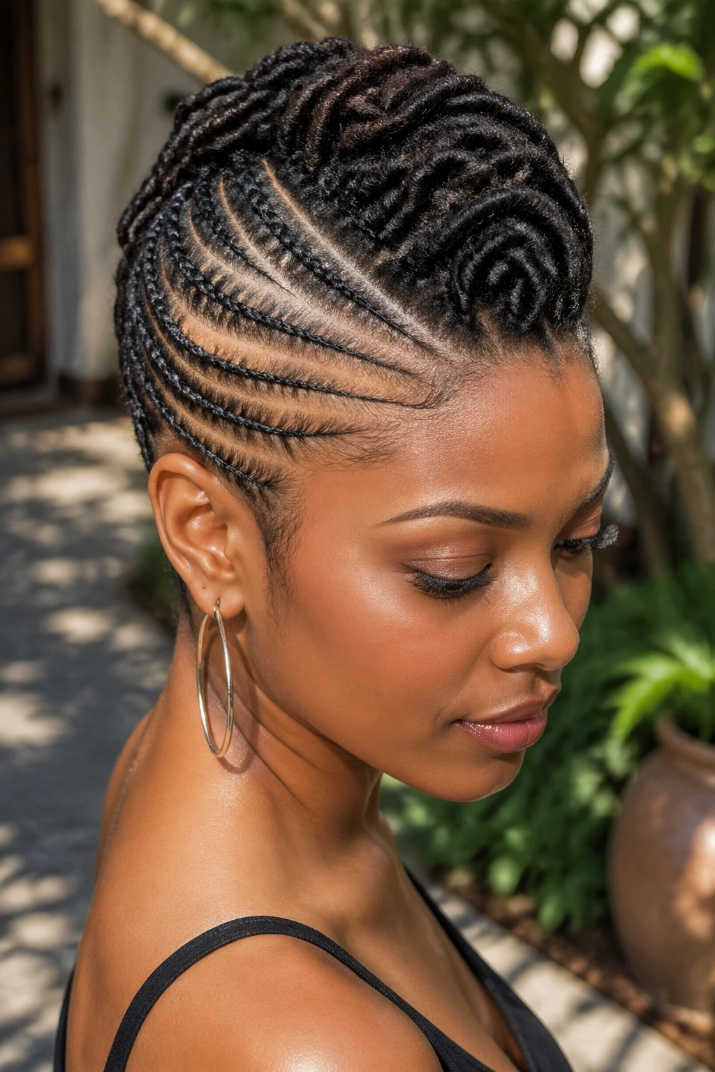 Real woman with faux locs center strip mohawk