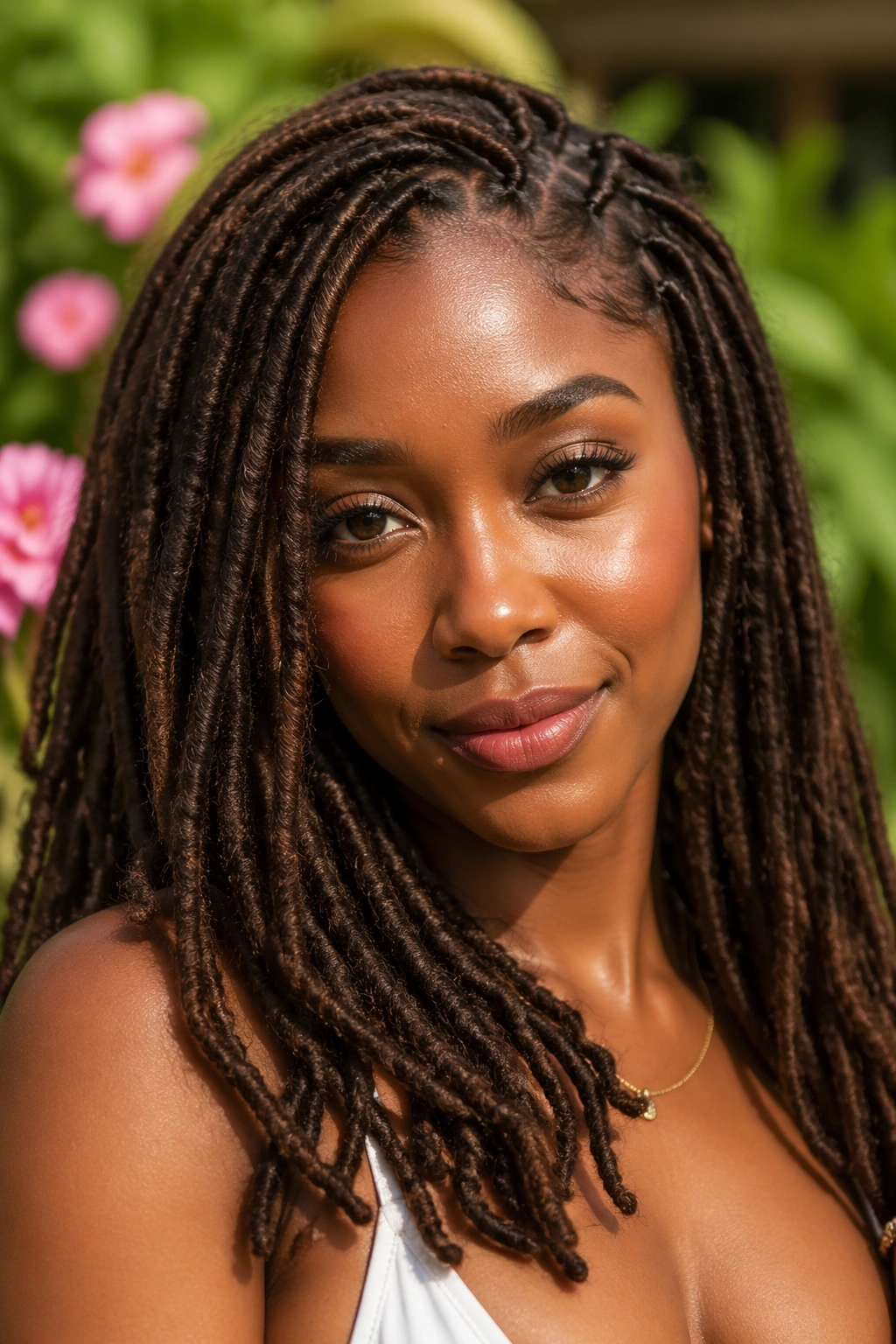 Close-up of a real woman with chocolate brown faux locs