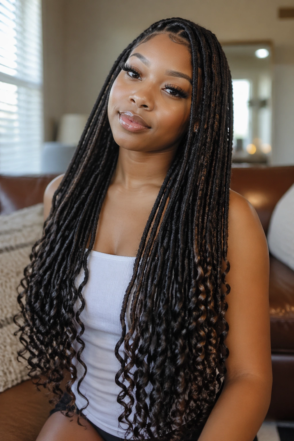 Close-up of a Black woman with waist-length faux locs ending in curls