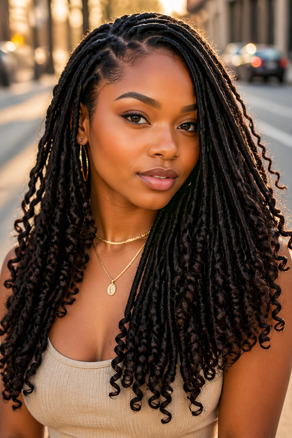 Close-up portrait of a real woman wearing faux locs with curly ends.