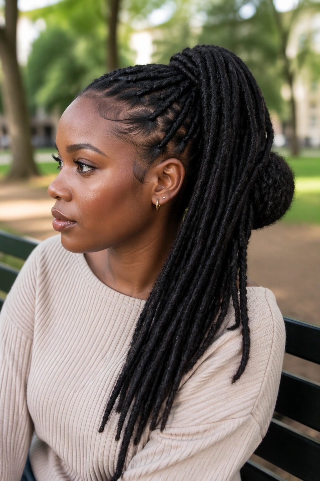 Close-up of a real woman with faux locs drawstring ponytail in an urban park.