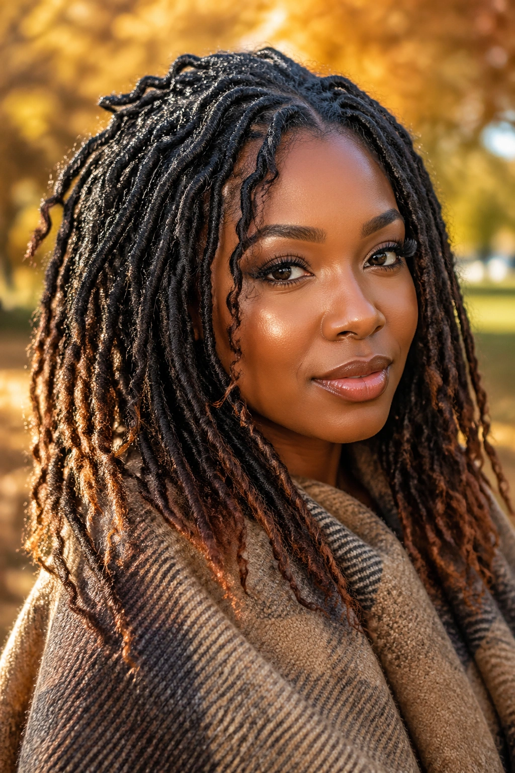 Distressed faux locs on real person in golden hour outdoor setting