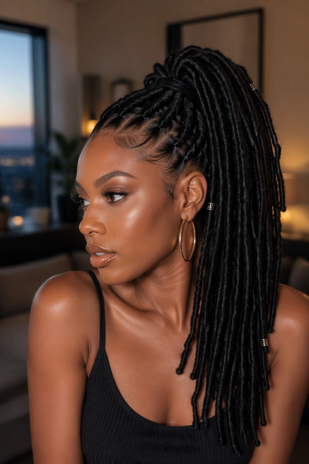 Close-up of a real woman with a high ponytail of faux locs.