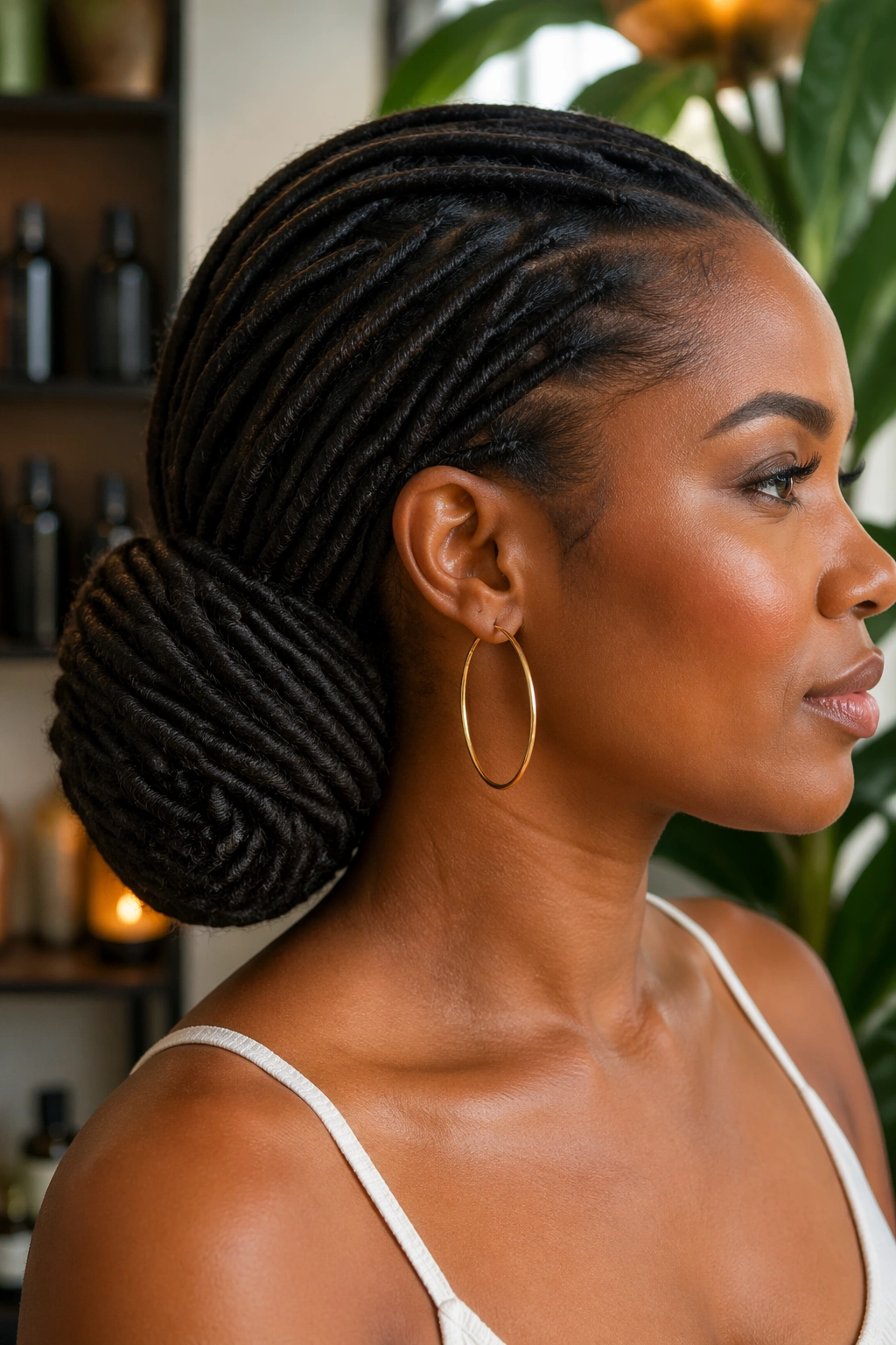 Close-up of faux loc wrapped bun on a real woman with wrapped ends