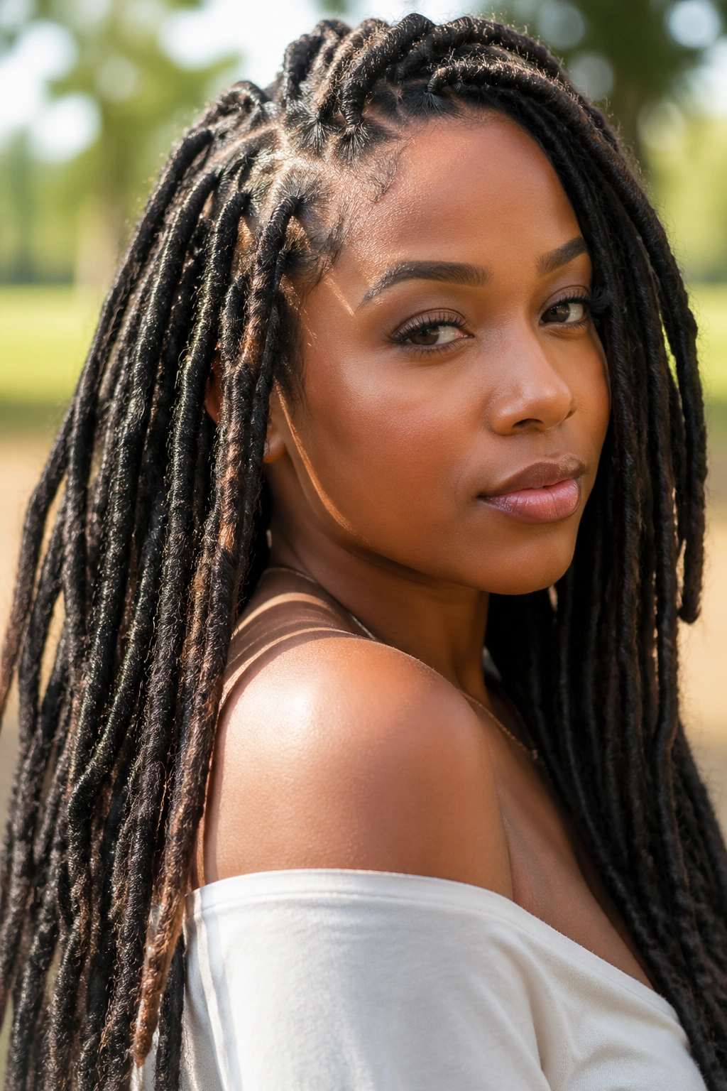 Portrait of a real person wearing distressed faux locs outdoors