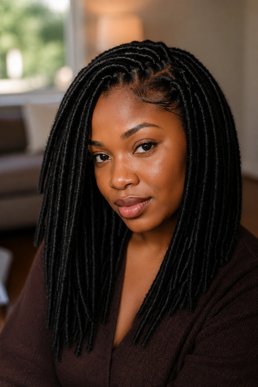 Close-up of a real woman wearing thick faux locs under soft indoor light.