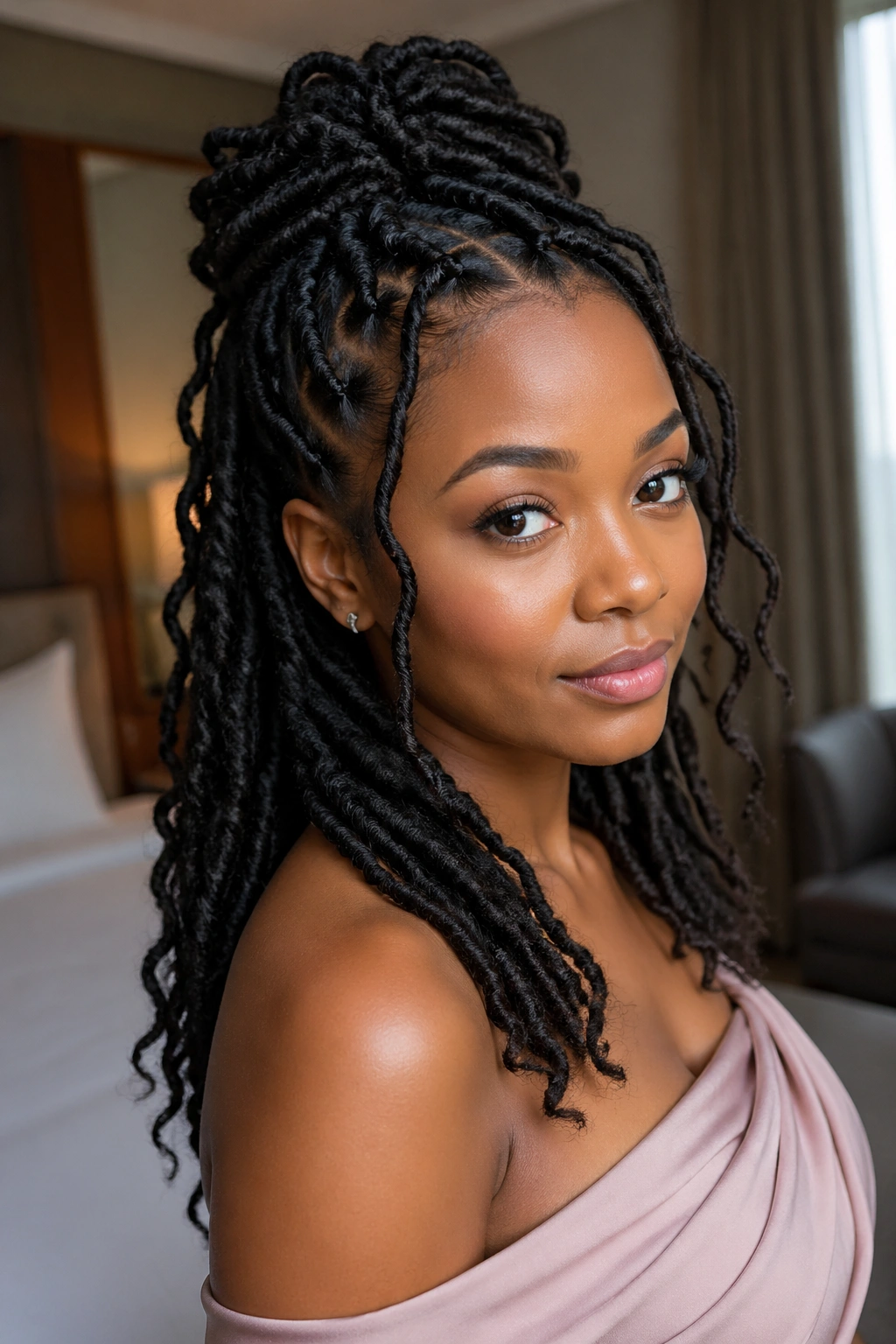 Close-up of a real woman with faux locs in a prom hairstyle