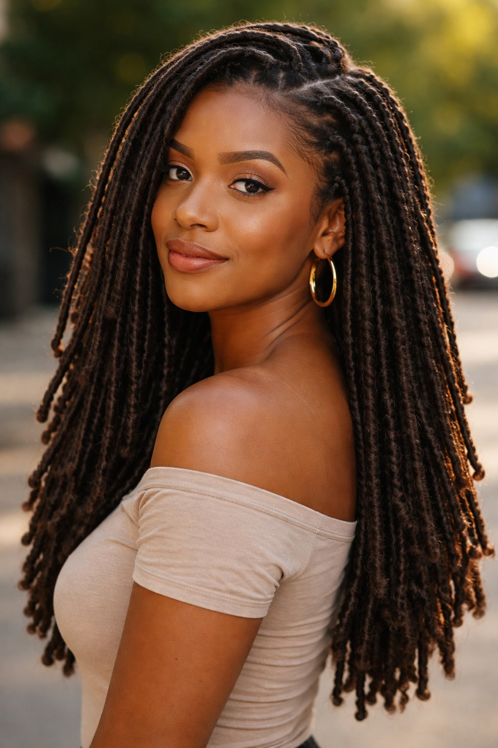 Close-up of a real woman wearing shoulder-length faux locs