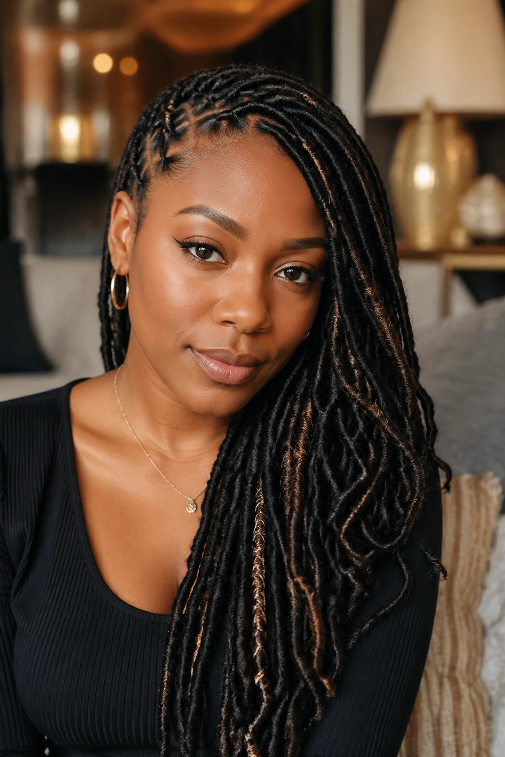 Close-up of a real person with side-parted faux locs