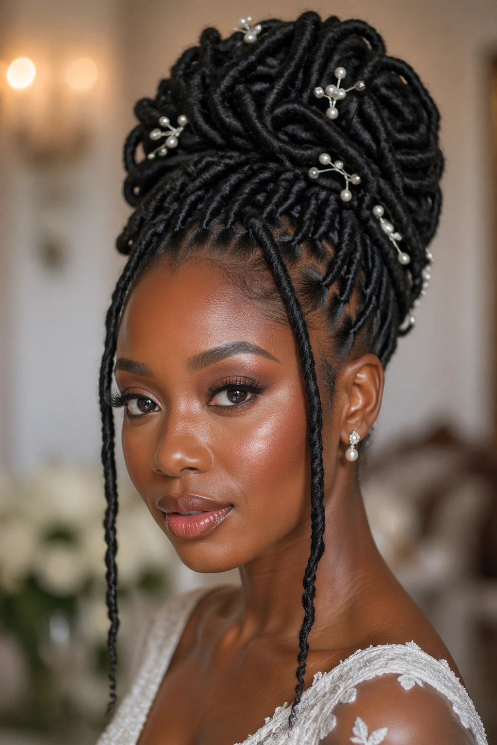 Close-up of a bride with long faux locs in a sculptural updo