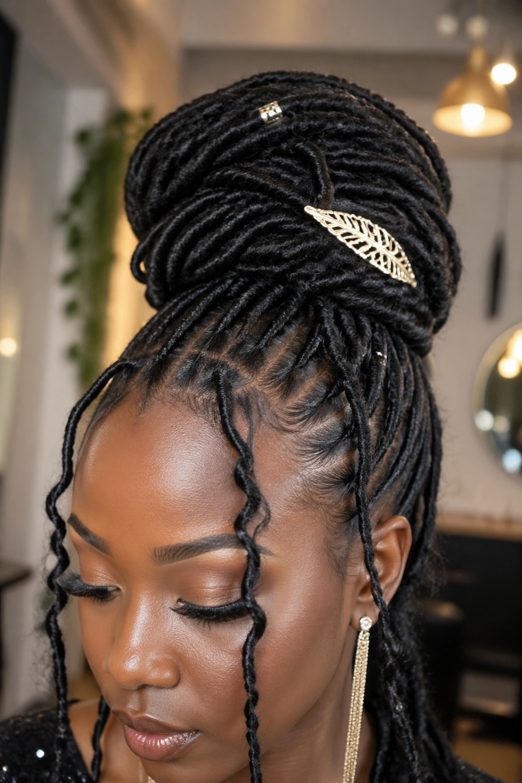 Portrait of a real woman with an elegant faux locs updo pinned high at the crown