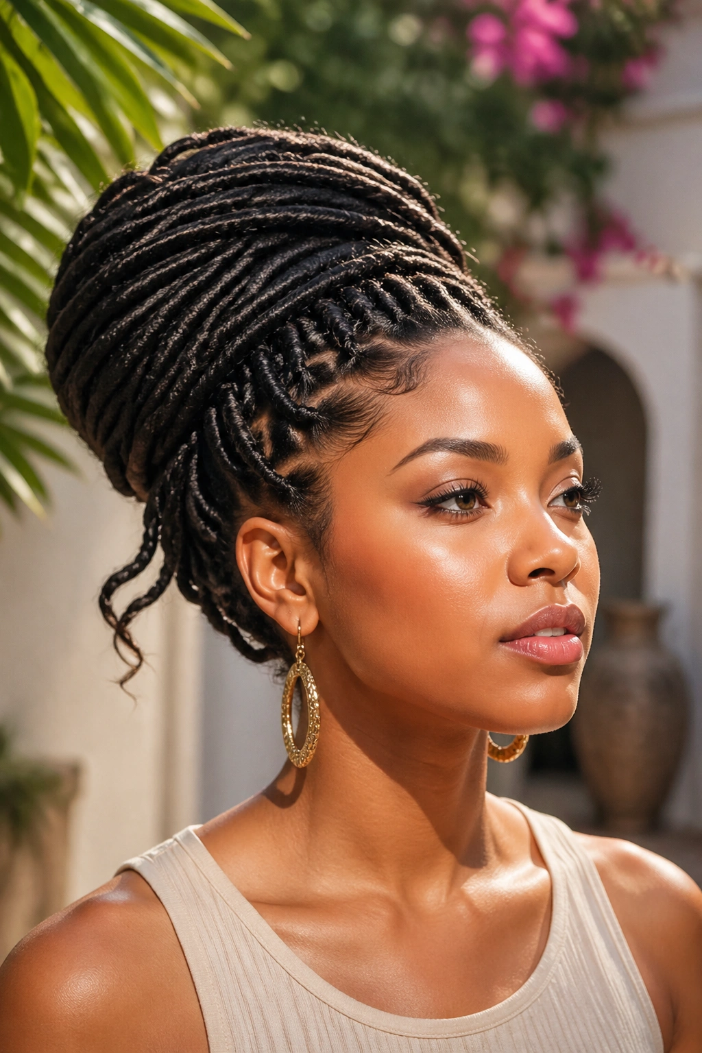 Portrait of a person with an updo made from faux locs.