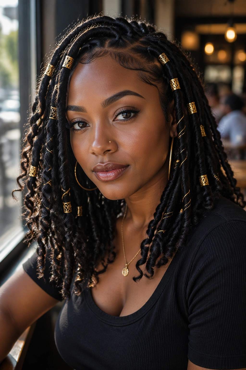 Close-up portrait of a real person with accessorized curly faux locs and wraps/cuffs.