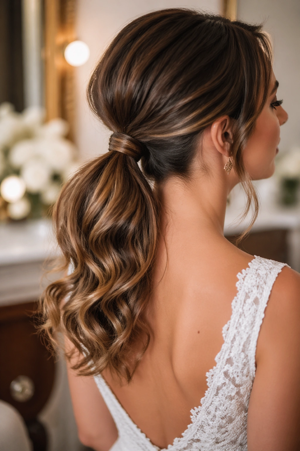 Real person wearing a clip-in extension ponytail at the nape