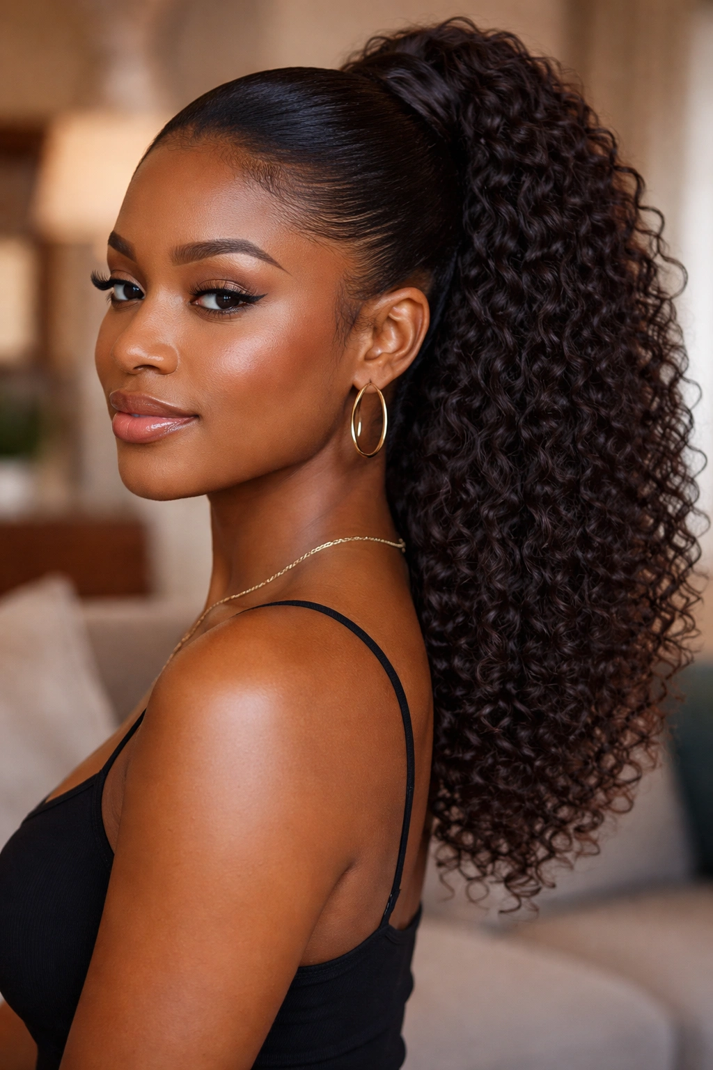 Close-up of a real woman wearing a curly extension faux ponytail with blended base