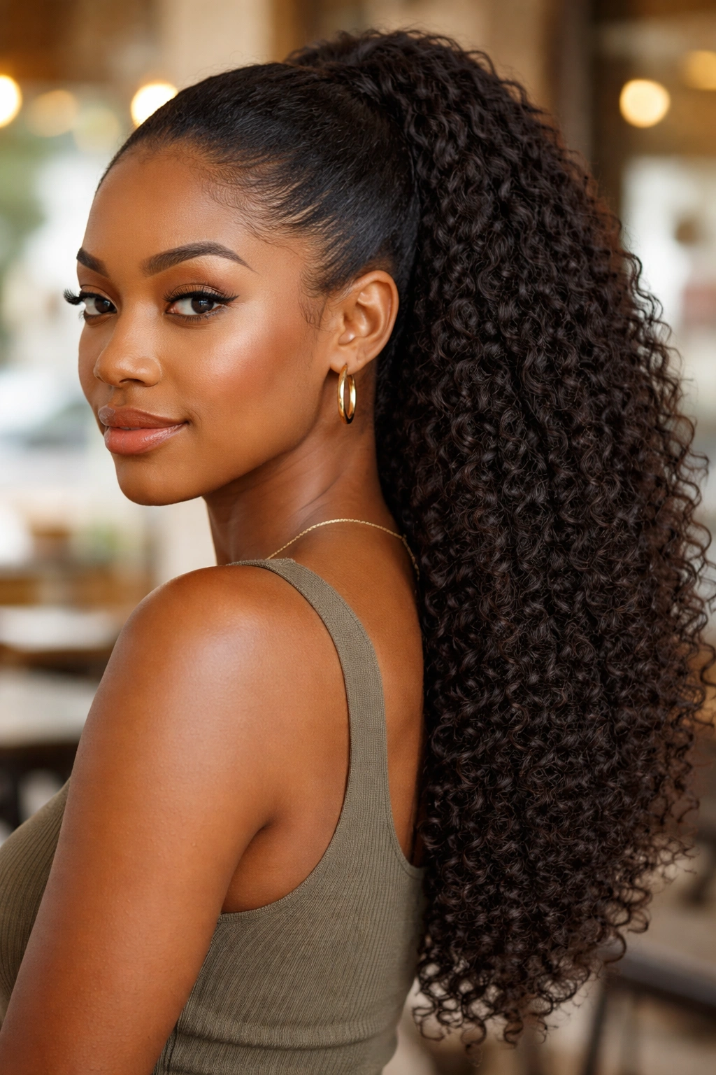 Portrait of a real woman wearing a seamless faux ponytail blending with natural curls