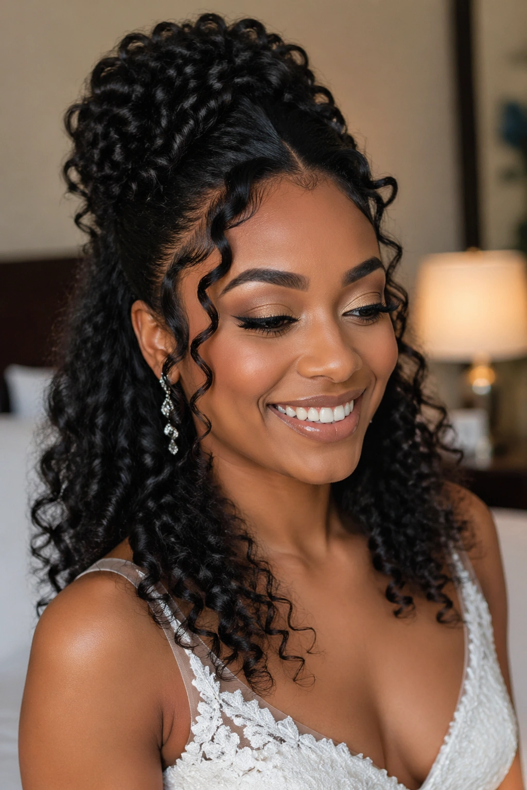 Real bride with curly faux updo illusion half-up