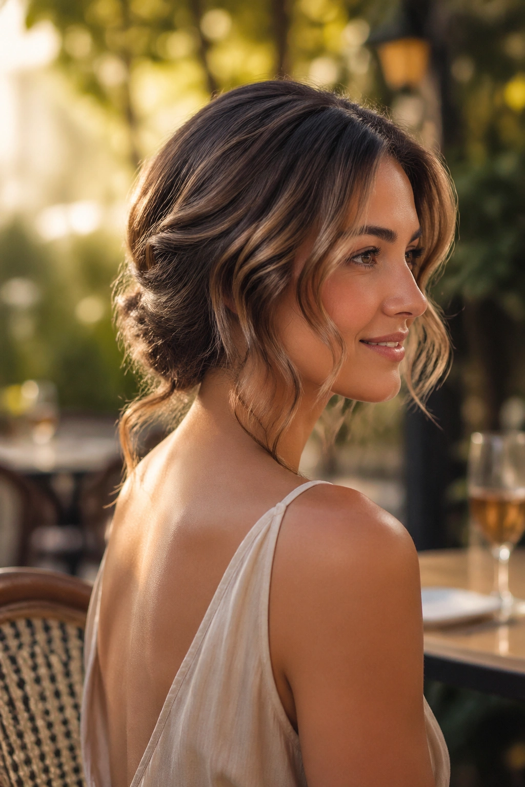 Three-quarter portrait of a real woman with a low twist faux updo lob.