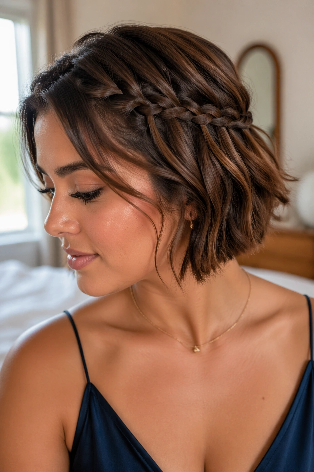 Close-up of layered bob showing a faux waterfall braid with dropped strands