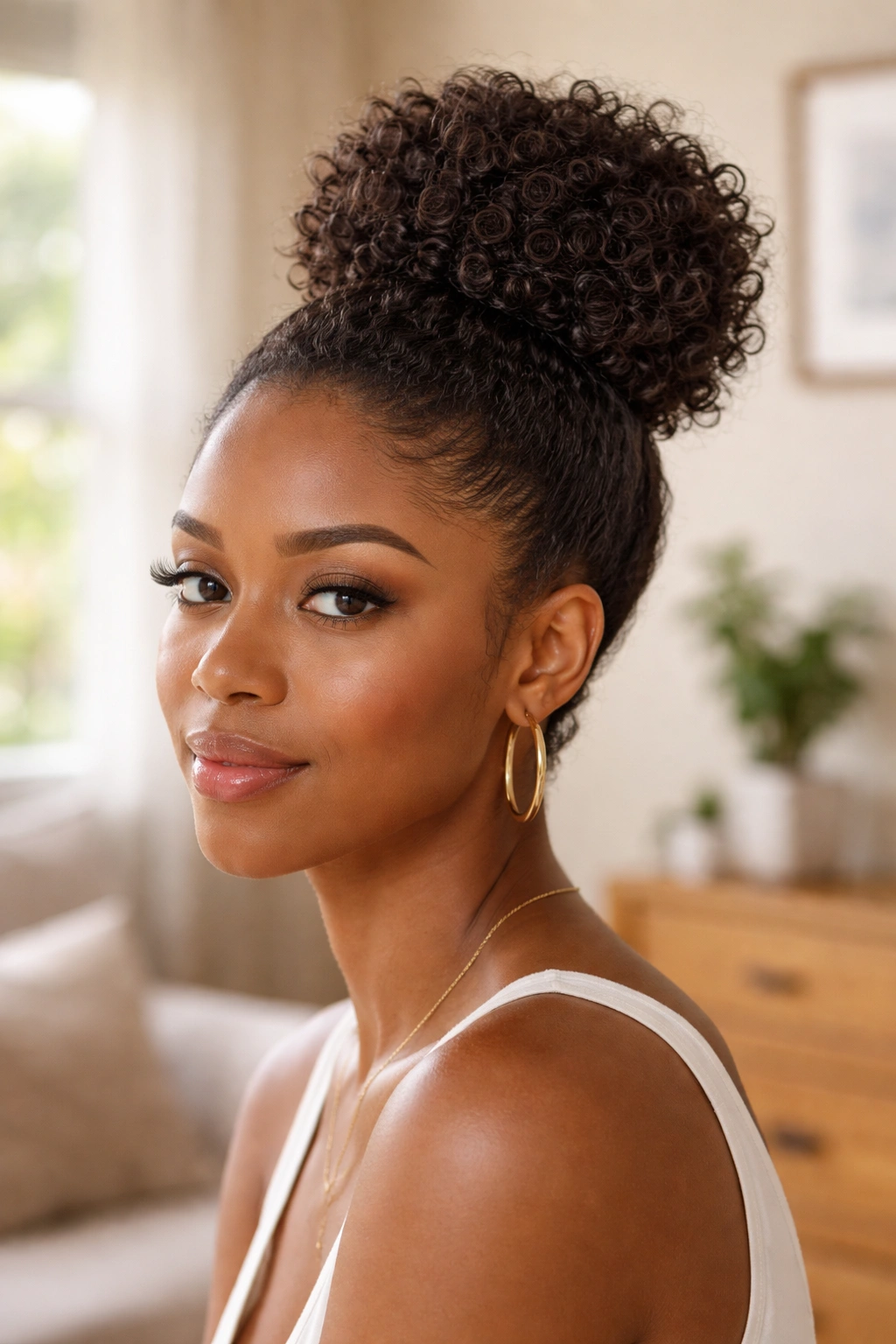 Close-up of a Black woman with a faux high bun for short natural hair