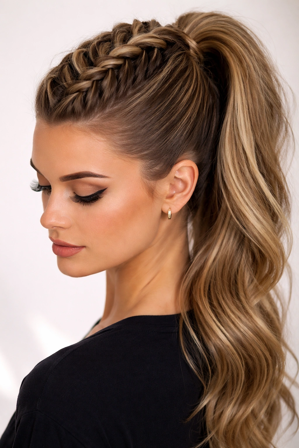Fauxhawk French Braid Ponytail: center braid ridge with sleek sides into a high ponytail