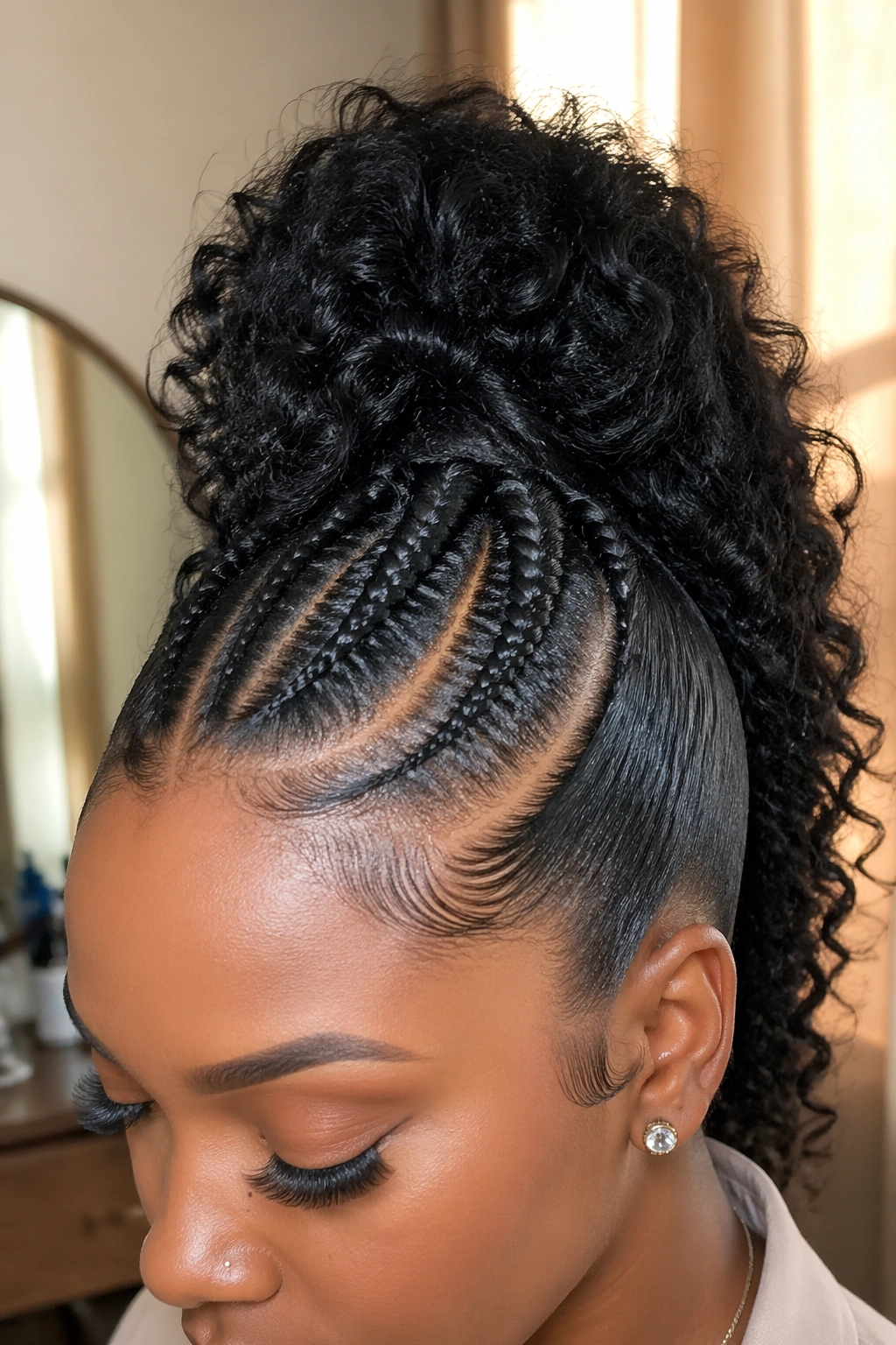 Close-up view of Faux Hawk Ponytail crown and sides in soft window light.