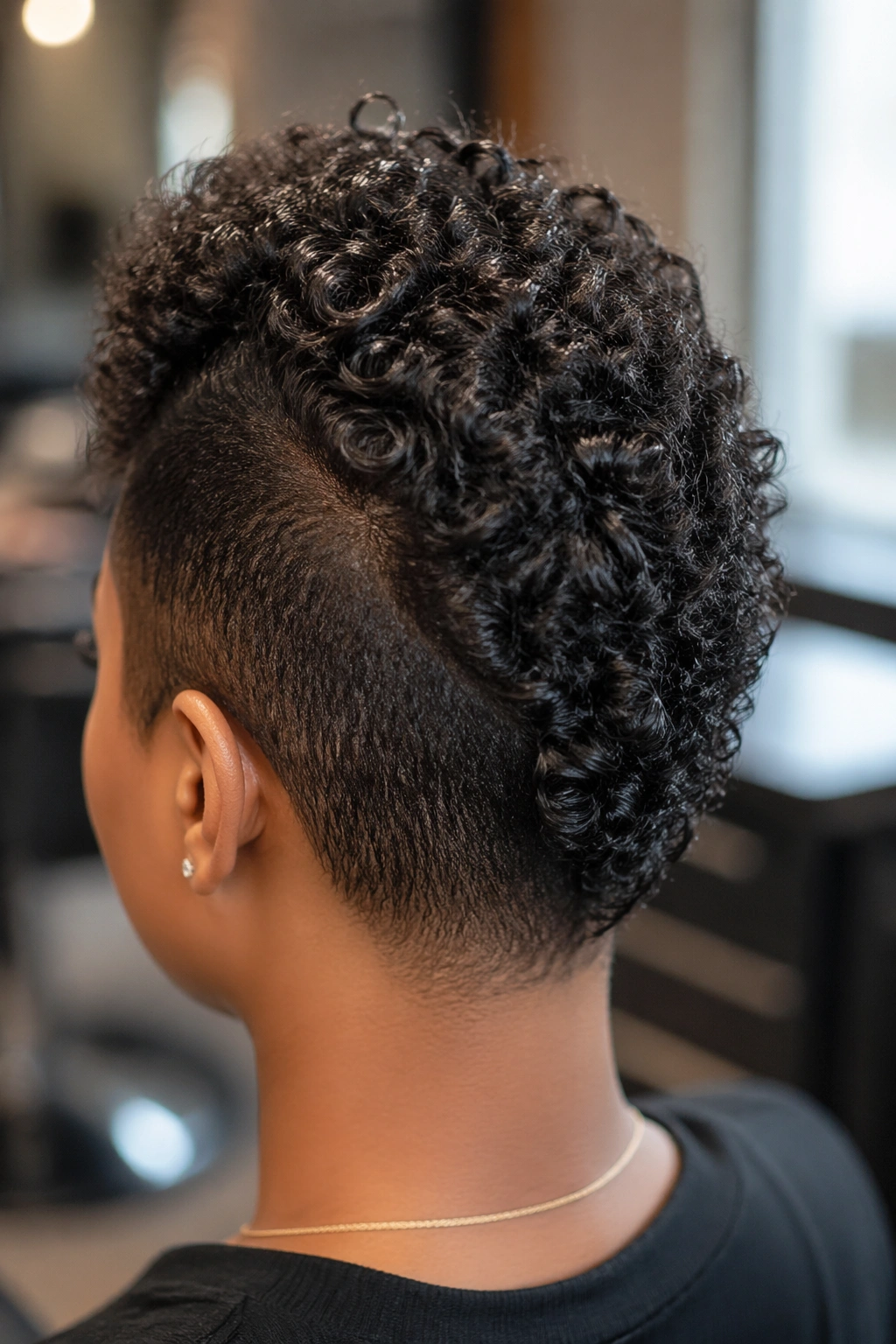 Close-up faux-hawk curly weave crown with tight sides in salon.