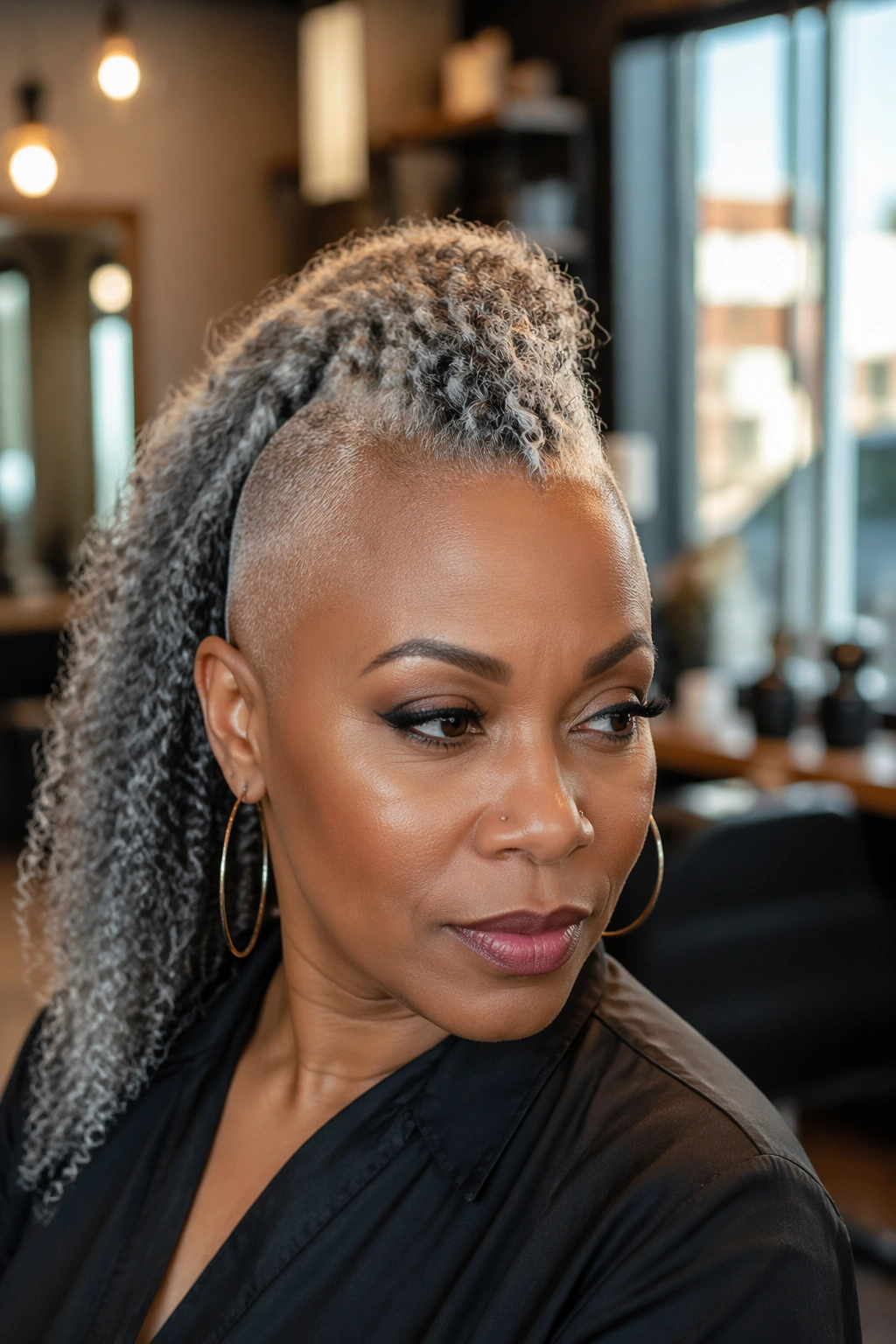Close-up of a real woman with a gray faux-hawk ponytail in a stylish salon.