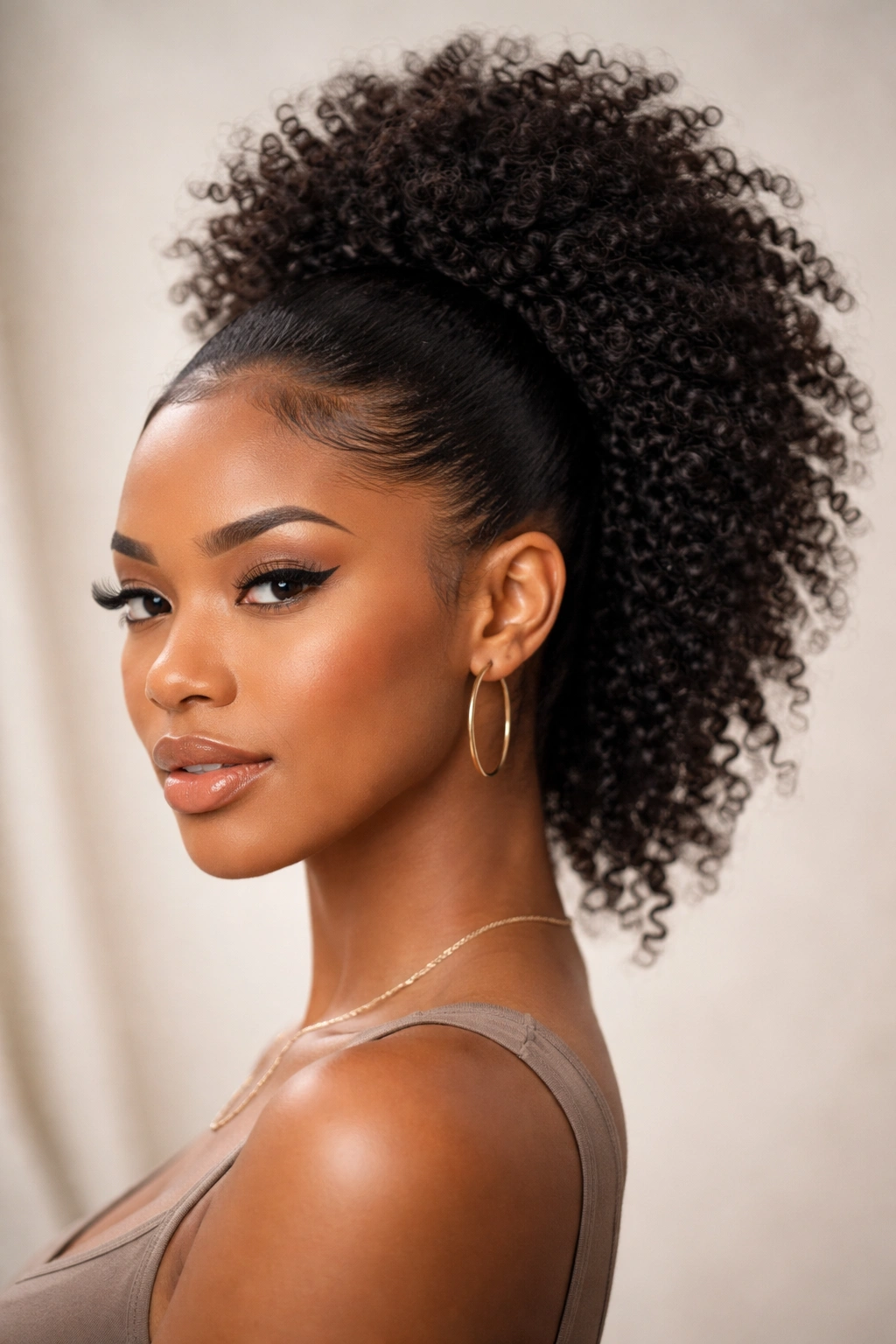 Close-up of a faux-hawk ponytail with high center puff and flat sides