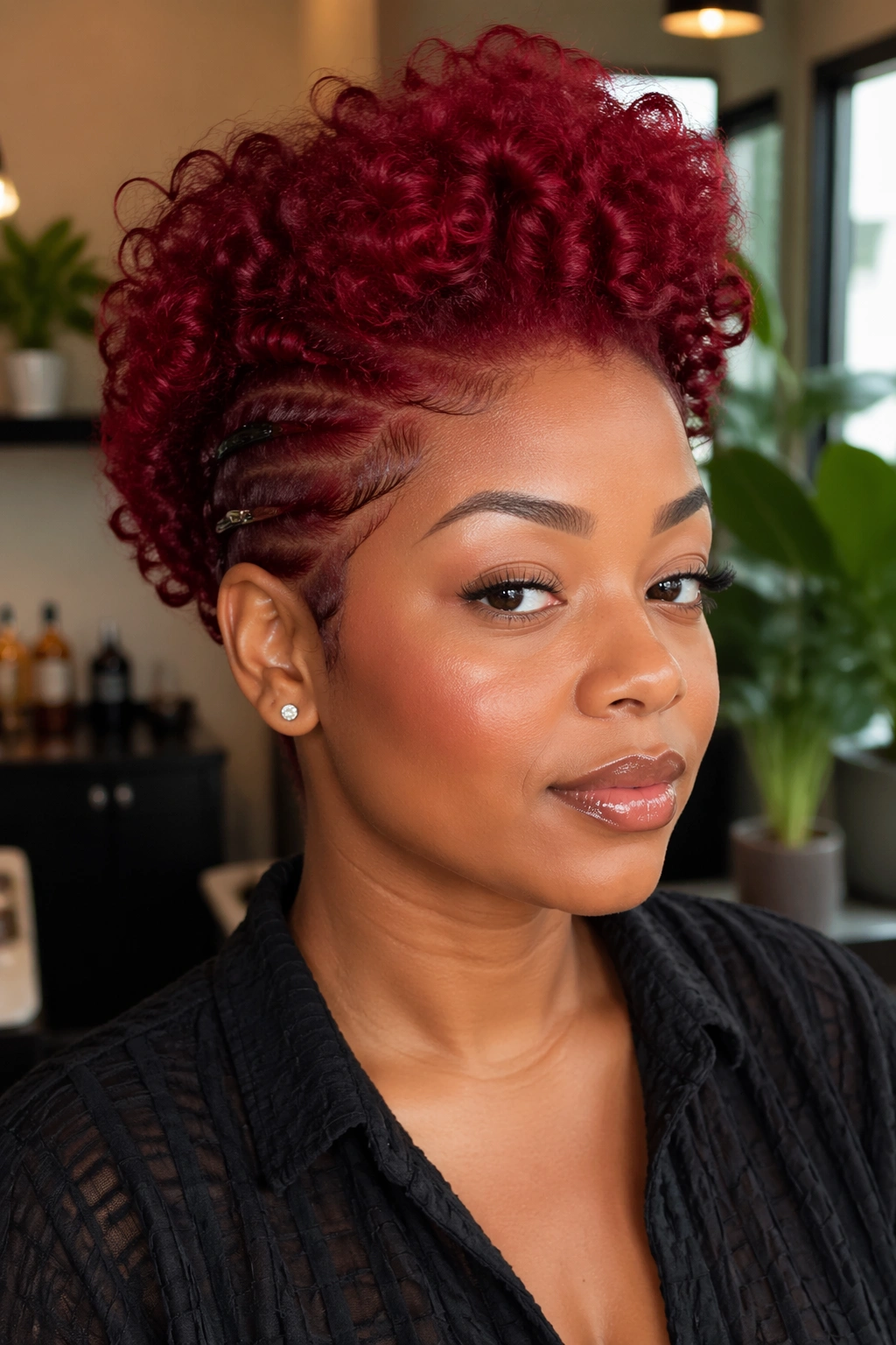Close-up of real woman with curly red lace-front wig styled in a faux hawk, tapered sides