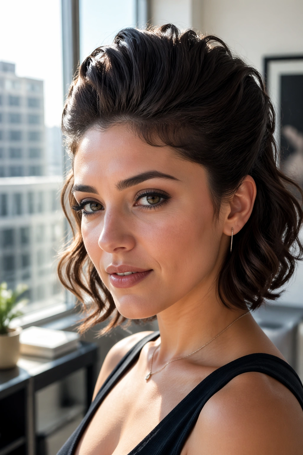 Close-up of a real woman with a voluminous soft faux hawk and tucked sides in natural daylight