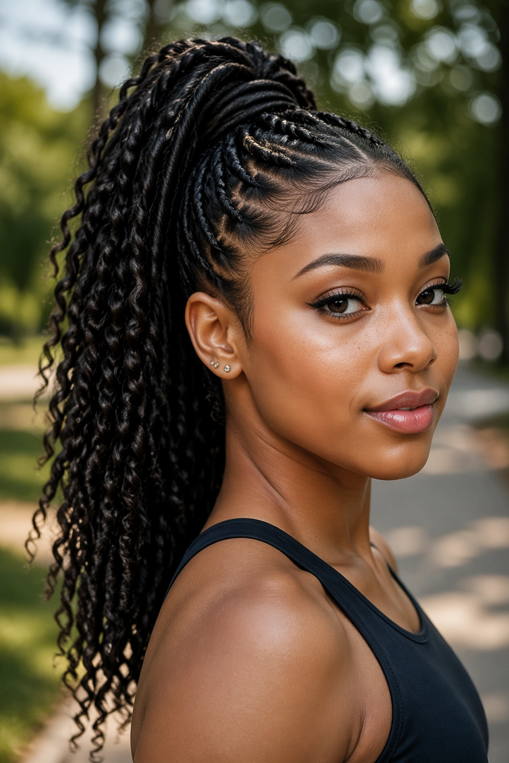 Close-up of a real woman with a high curly faux loc ponytail in a sunlit park