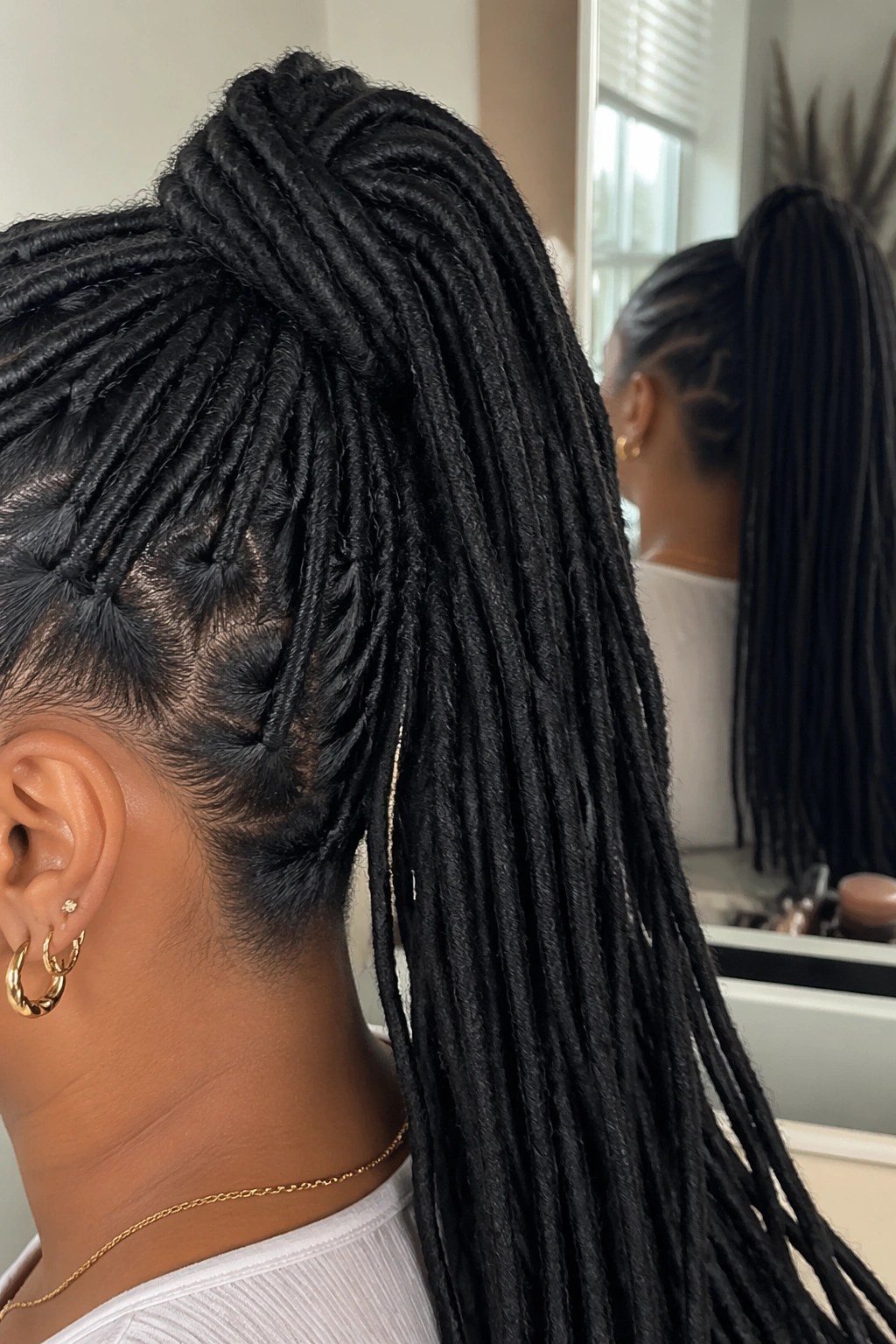 Close-up of Faux Loc Ponytail crown anchor and ropey texture in mirror