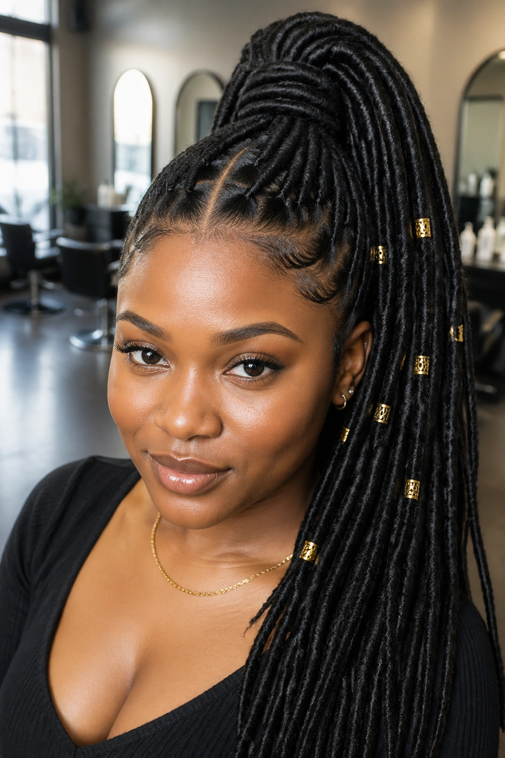 Close-up of a real woman with a high faux loc ponytail and gold cuffs, middle part visible