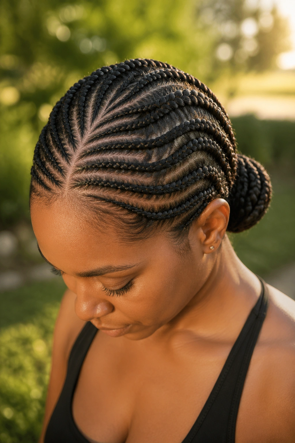 Real person with feather-vein cornrows to a nape bun.