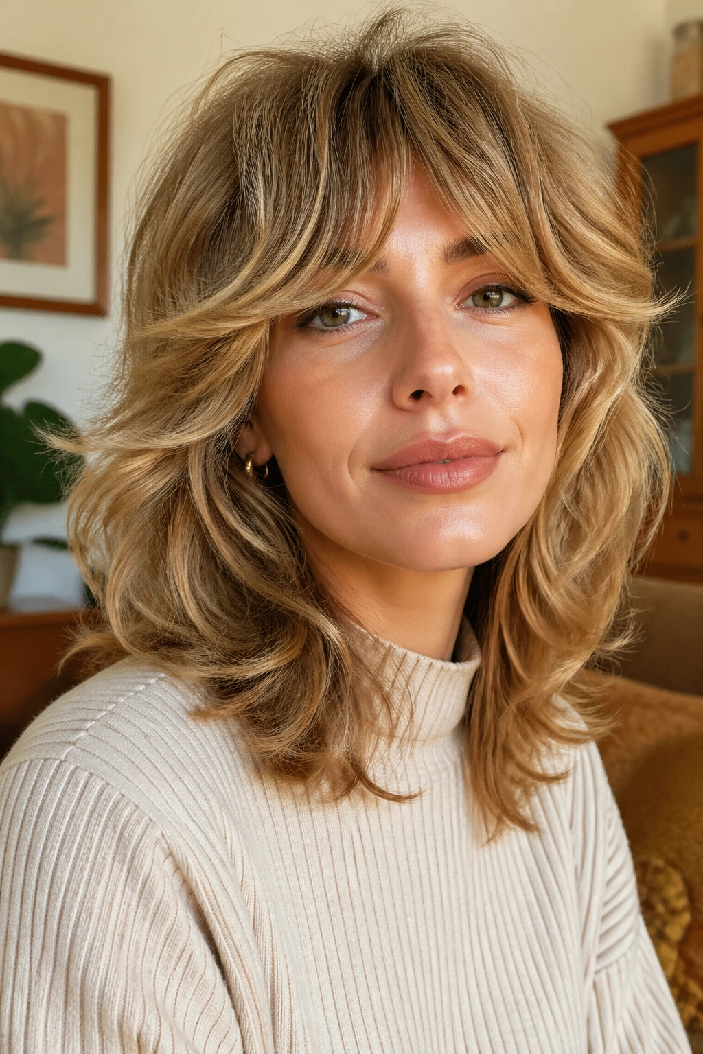 Close-up of a real woman with feathered 70s wavy shag in a sunlit living room.