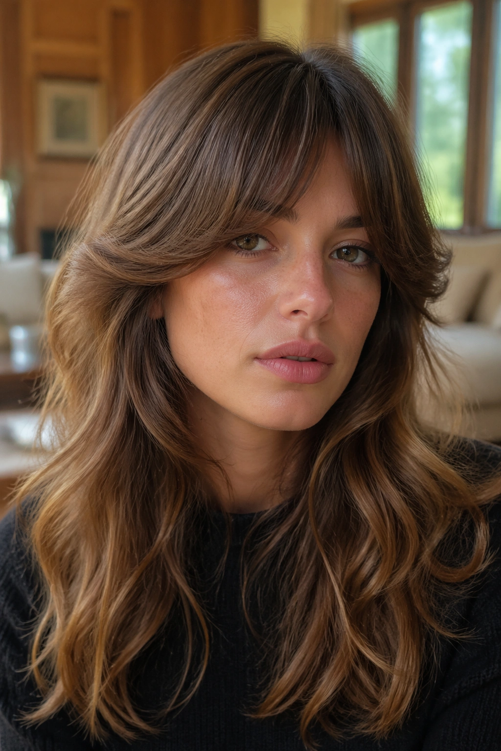 Close-up portrait of a real woman with feathered bangs and a 1970s flip, soft movement