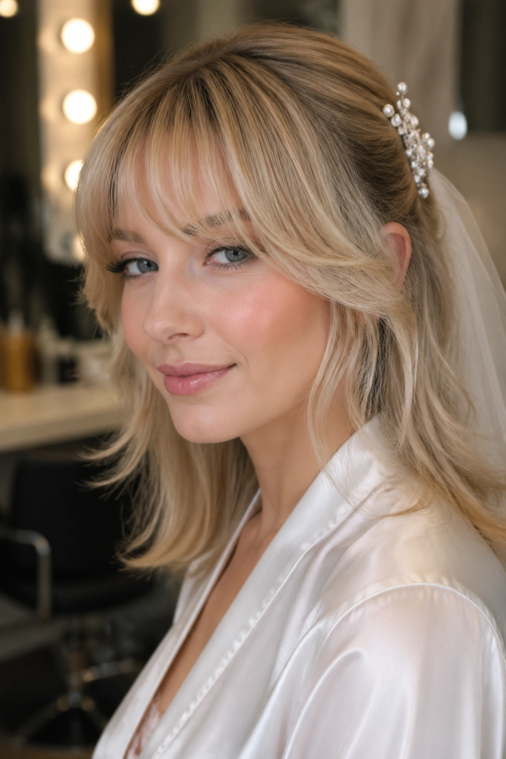 Close-up of a bride with feathered bangs and a salon blowout