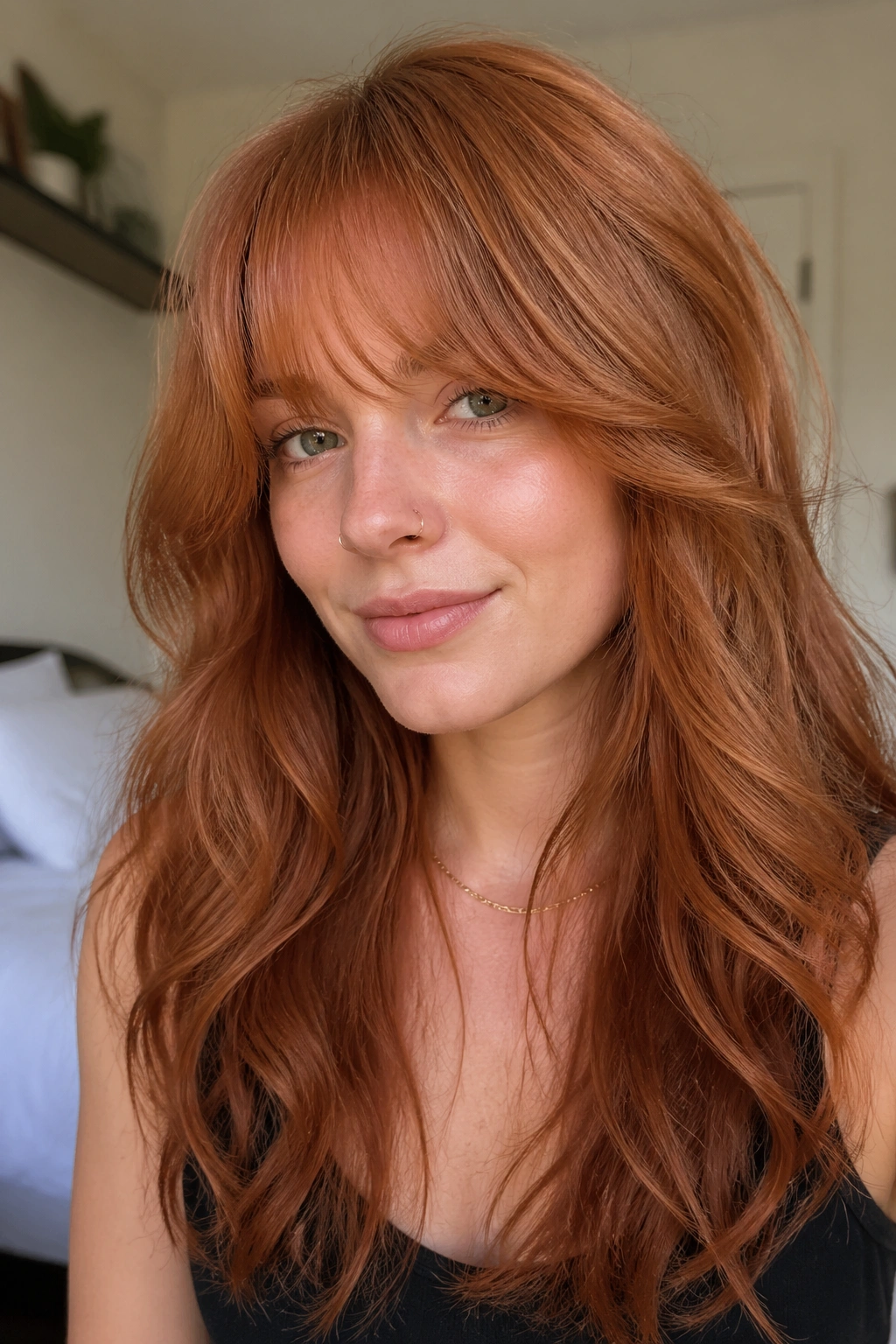 Close-up of feathered bangs blending into front layers on strawberry copper hair
