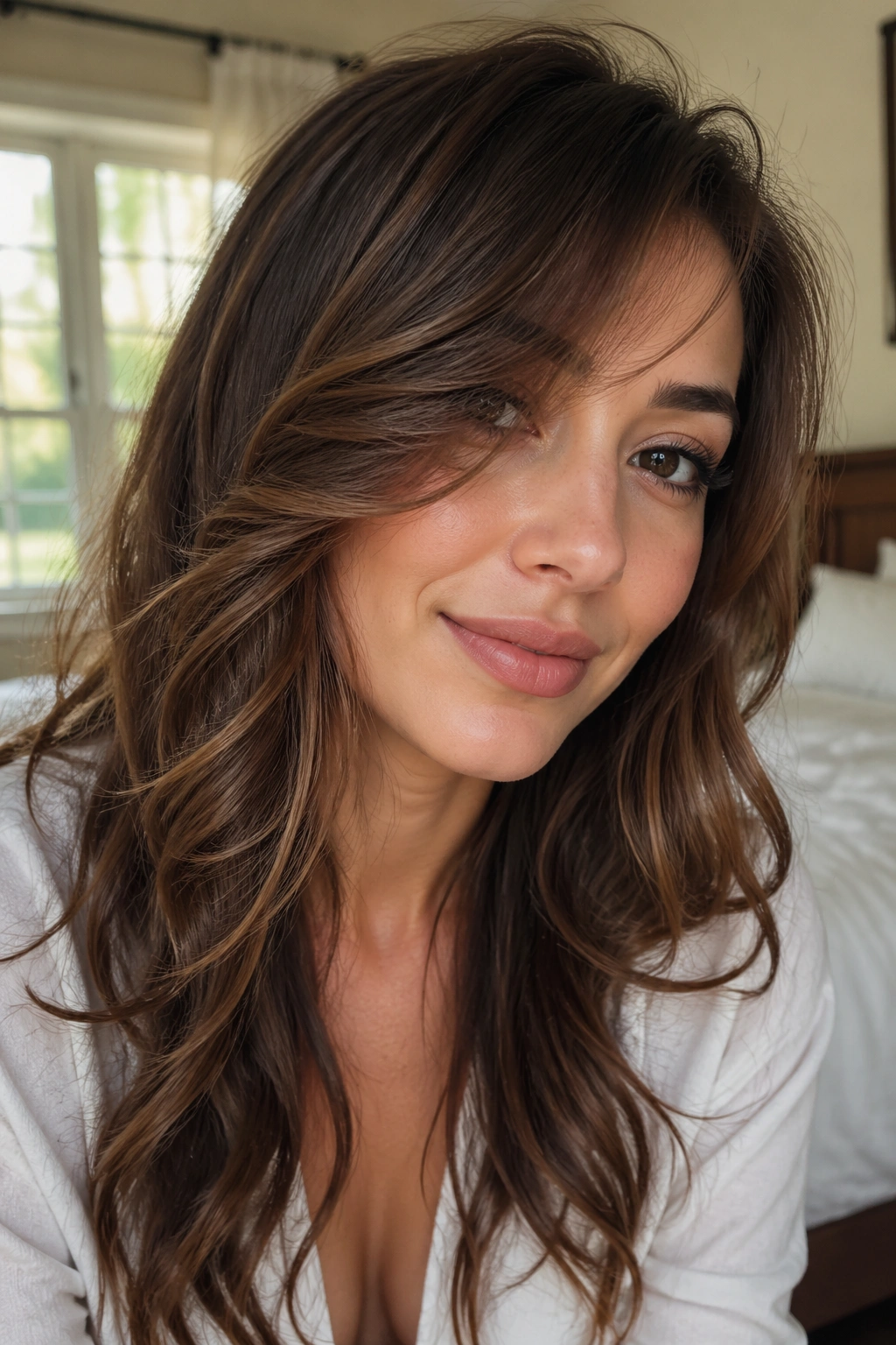Close-up portrait of a real woman with long feathered side bangs blending into loose waves